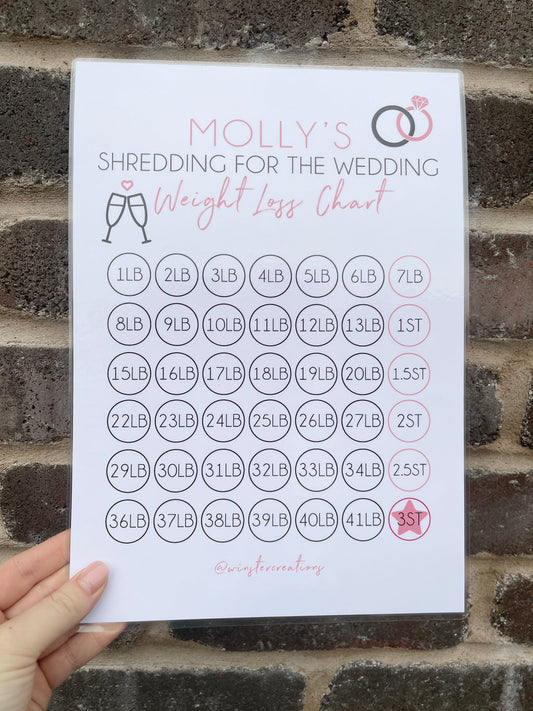 Personalised A4 Name Shredding For The Wedding Weight Loss Chart Tracker Print - st. lb Units - Laminated With Stars-0